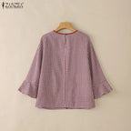 ZANZEA Women Summer Plaid Patchwork Blouse 3/4 Flare Sleeve Cut Out Tops Casual Loose Shirt Retro Chemise Female Work Blusas
