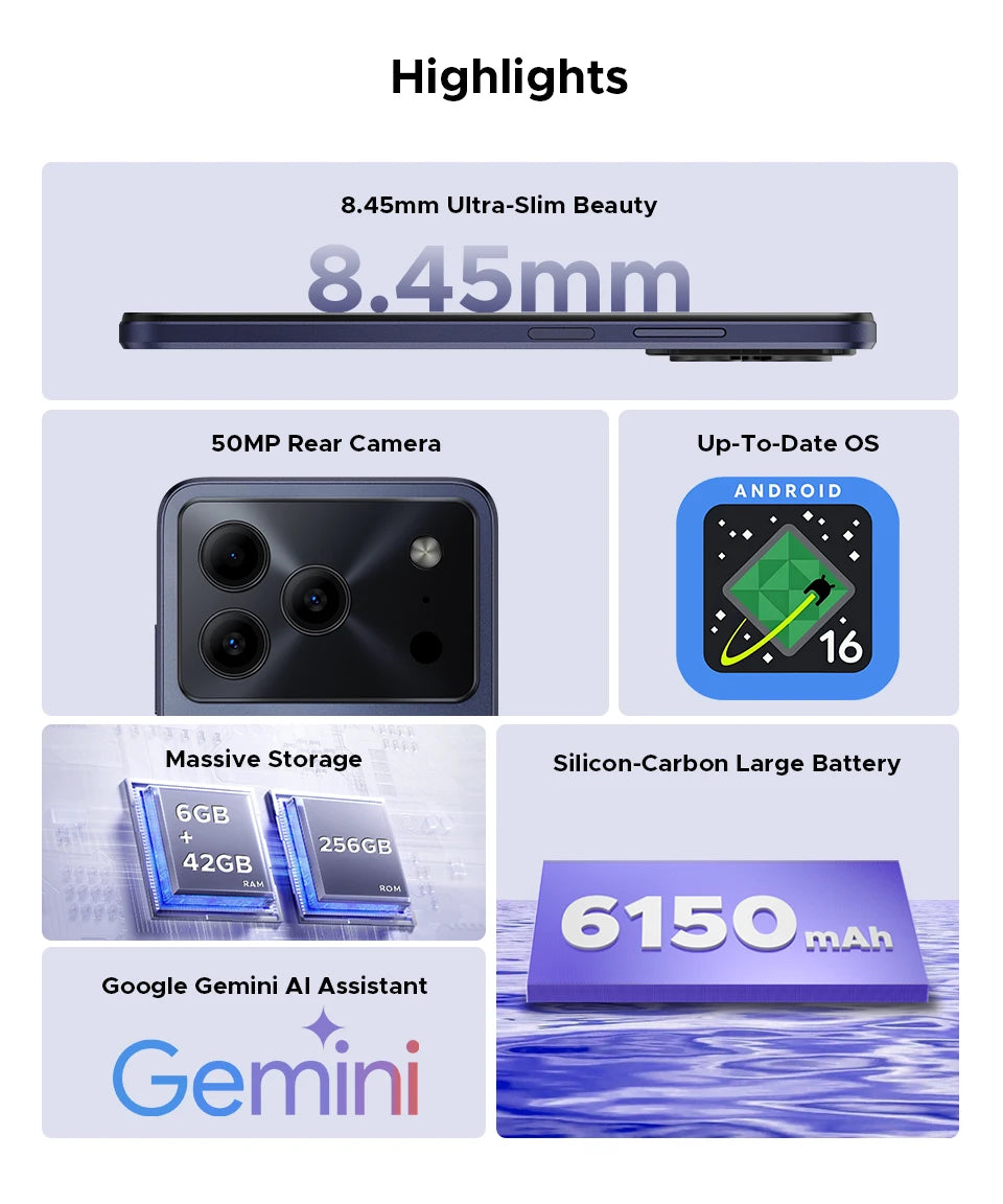 Global Version DOOGEE Note56 Plus Android 16 Smartphone 48GB+256GB 6150mAh Large Battery 6.56'' 90Hz Display 50MP Camera NFC