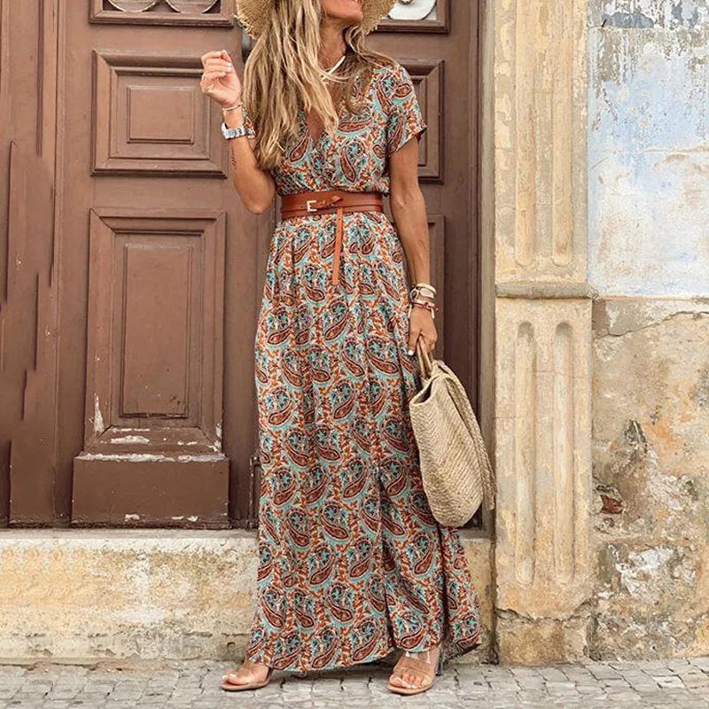 Elegant Floral Pleated H shaped Midi Dress Female V Neck Puff Sleeve Waist Ruched Button Dresses Women Summer Dress Robe Main image