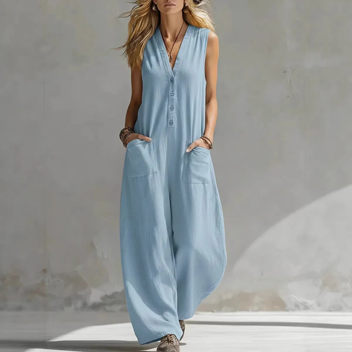 Jumpsuits women 2026 rompers Double-pocket casual linen cotton sleeveless long jumpsuits women's clothing