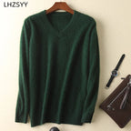LHZSYY Men's 100% Mink Cashmere Large Size Sweaters Autumn Winter Solid V-neck Casual Knit Pullovers Men Long Sleeve Warm Jumper