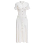 Summer Solid Round Neck Short Sleeved Office Lady Knitted Dress Women Korean Single Breasted Hollow Out Long Dress Fashion Trend