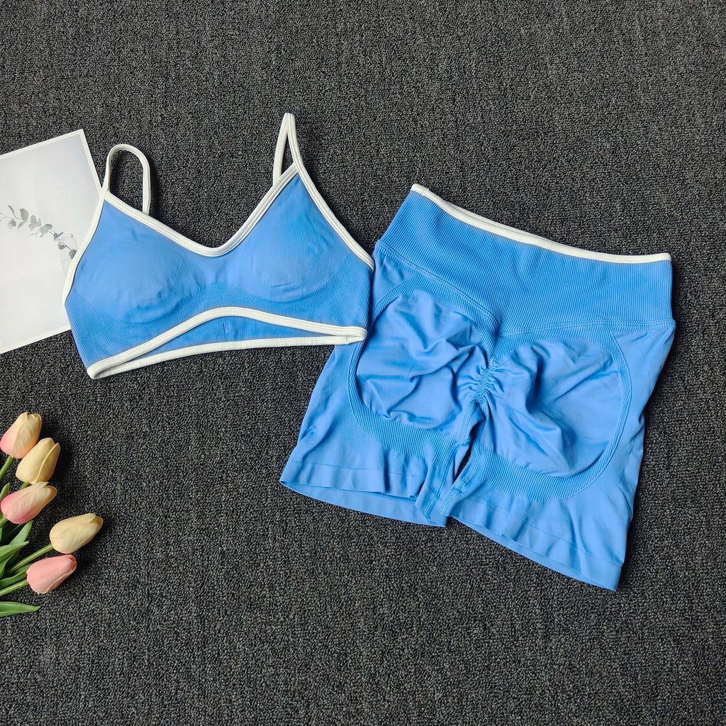 Peach Buttock Yoga Suit Women Gym Seamless Suspender Gathering Bra High Waist Hip Lifting Belly Tightening Shorts Fitness Set