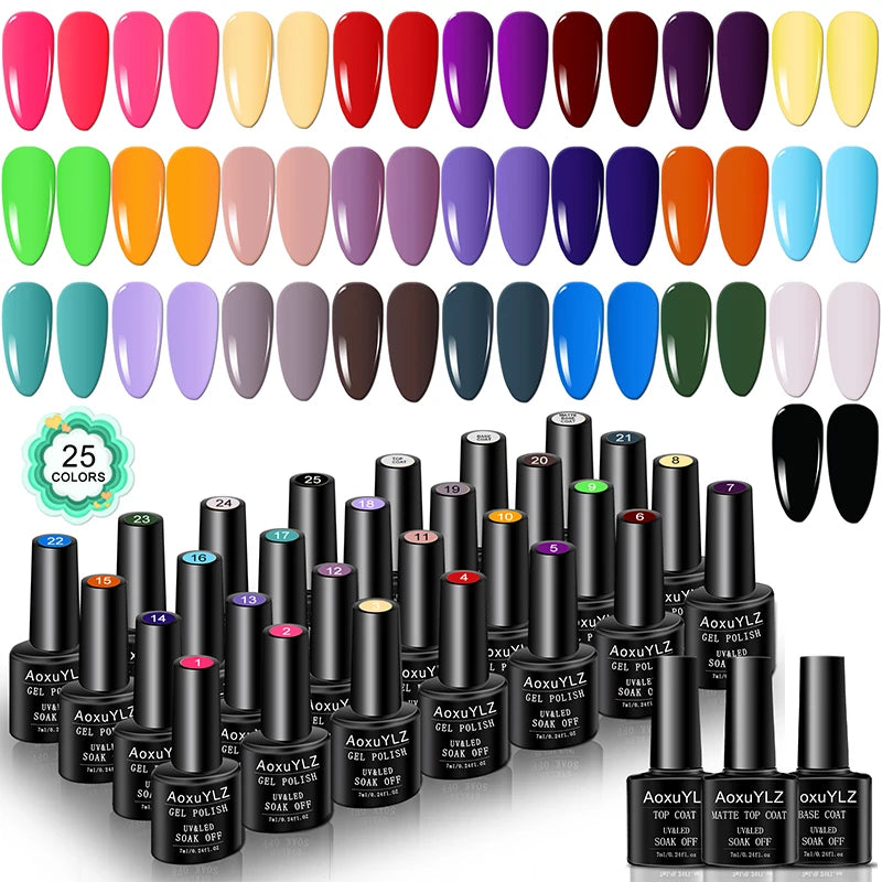28Pcs/Set Gel Nail Polish Set Glass bottle Soak Off UV Gel Varnish Red Pink Colorful Gel Polish Matte Top Base Coat Nail Gel Kit Main image