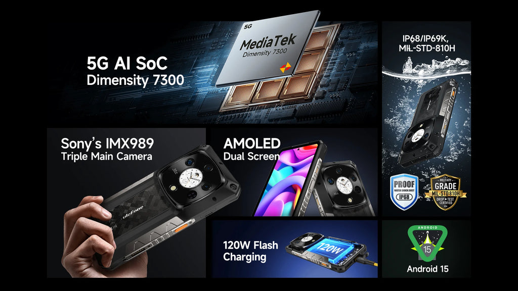 Ulefone Armor 28 Pro 5G AI Rugged Phone 6.67”AMOLED 64MP Smartphone 120W MTK Dimensity 7300 10600mAh 512GB ROM Mobile phone