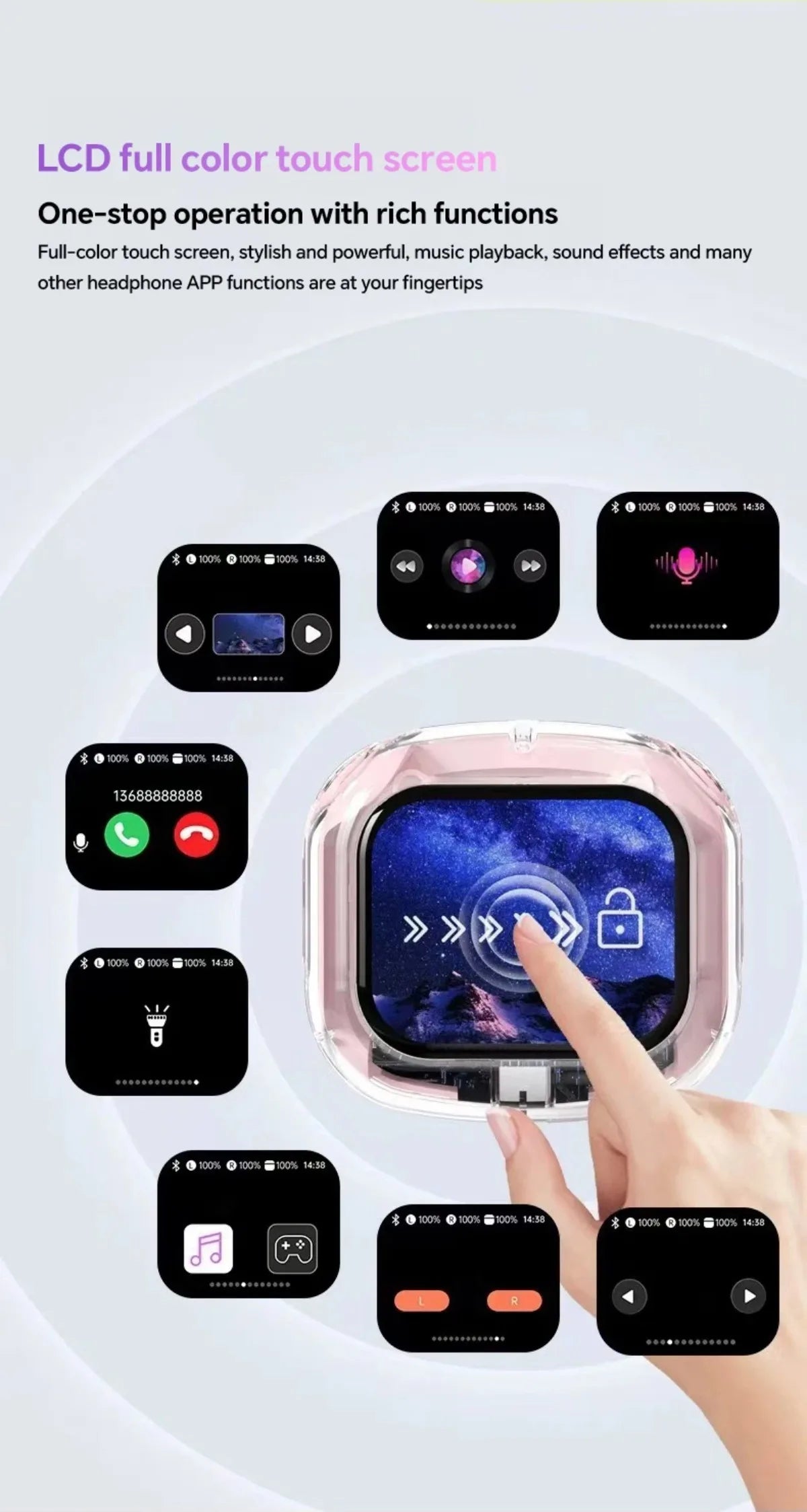 Translation Headphones with Touch Screen Wireless Bluetooth 5.4 Smart  Earphone HiFi Audio High Quality Transparent Case Headset