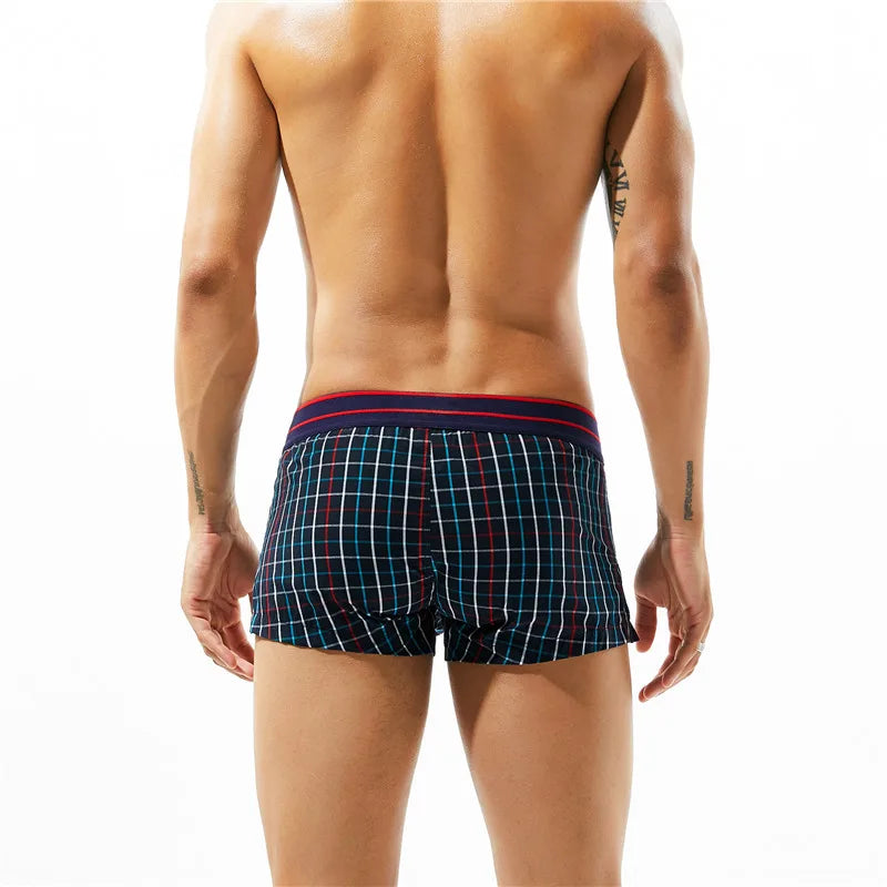 SEOBEAN Classic Plaid Mens Boxer Shorts 100% Cotton Underwear Boxershorts U convex Pouch Arrow Panties Shorts Men Sleep Bottoms