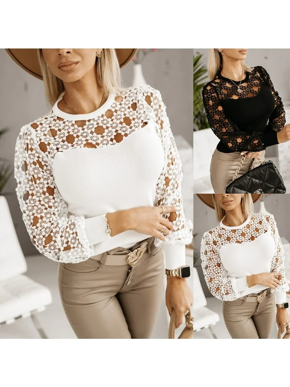 Women's Fashion Hollow Contrast Lace Splicing Shirt Ladies Temperament Long-Sleeved Shirt  Round Neck Blouse