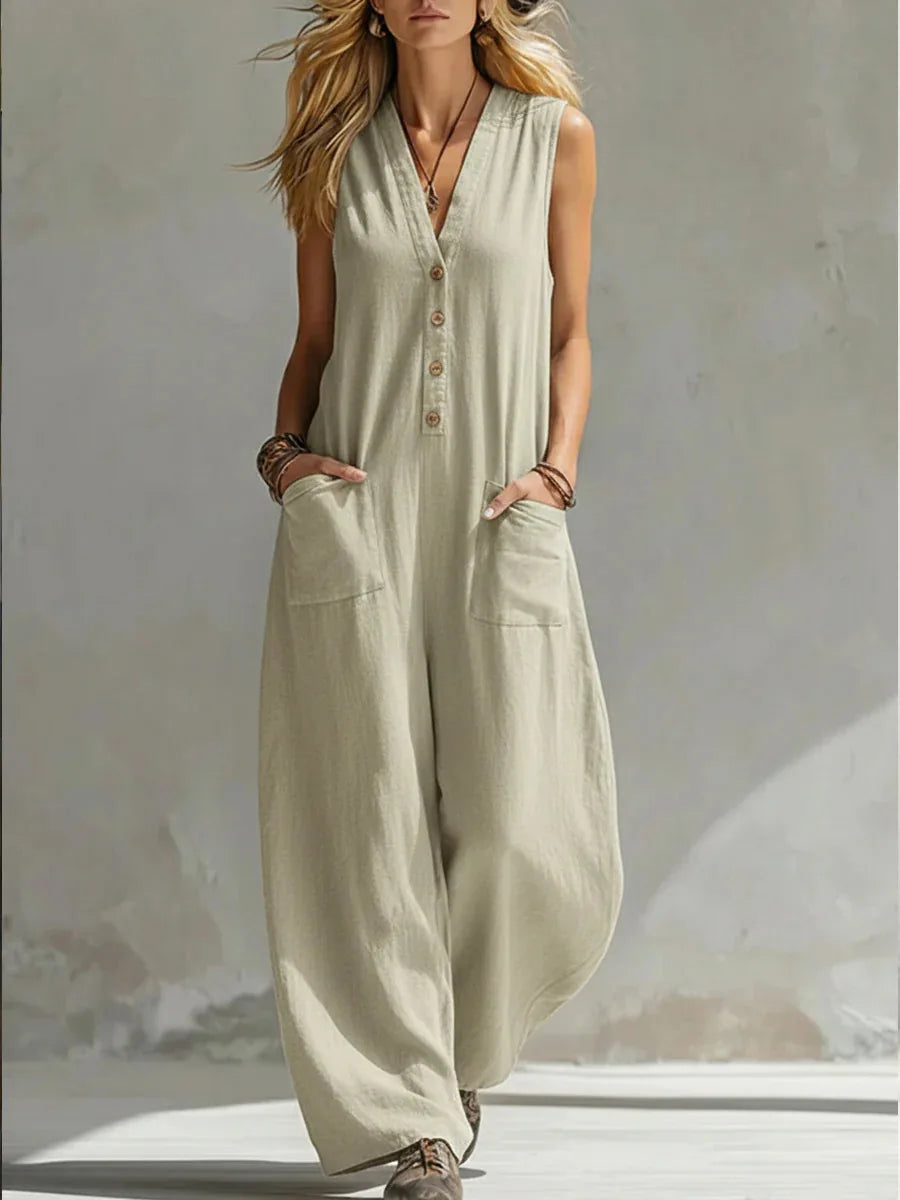 Jumpsuits women 2026 rompers Double-pocket casual linen cotton sleeveless long jumpsuits women's clothing