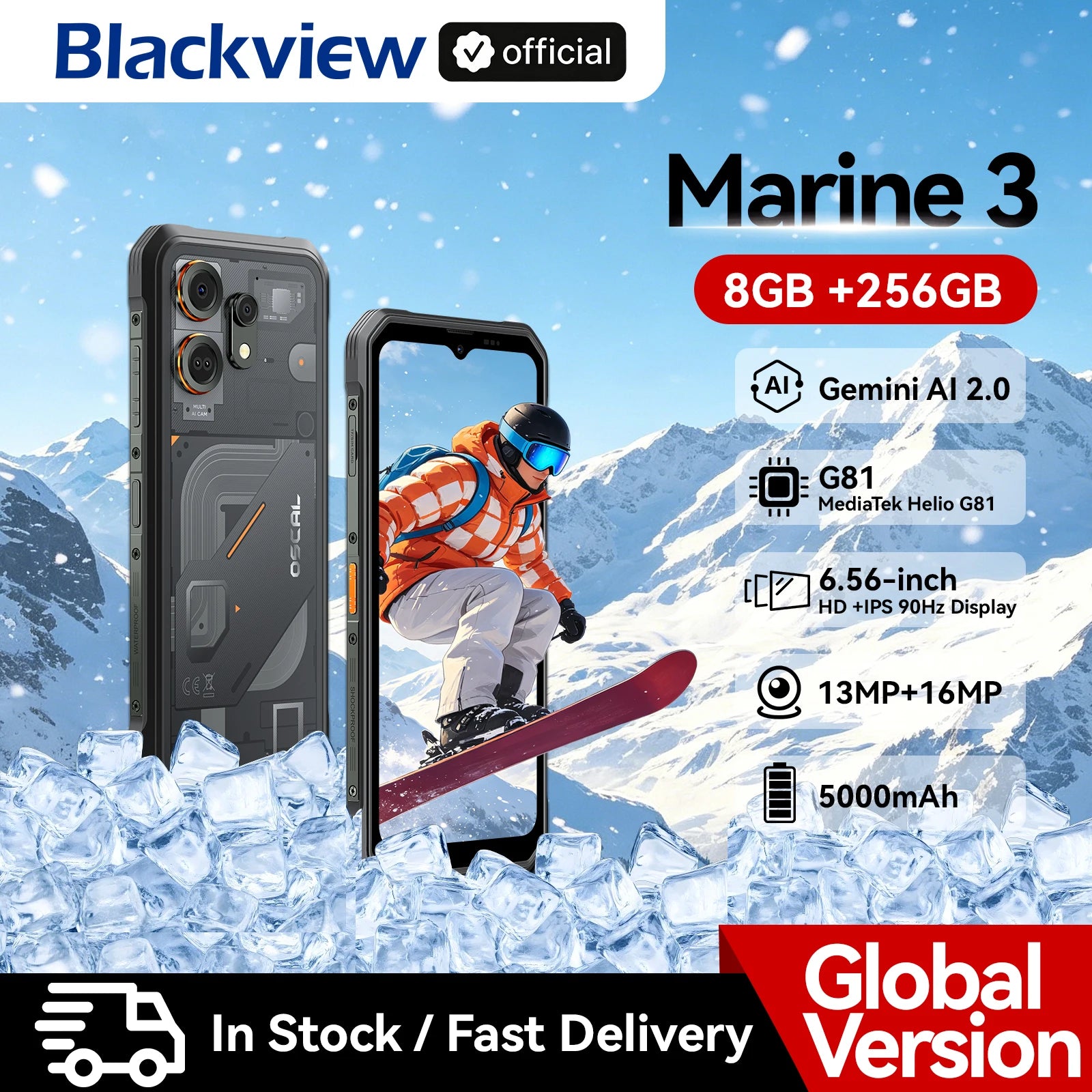 Blackview OSCAL MARINE 3 Rugged Smartphone 6.56" HD 90Hz Display Helio G81 13MP+16MP Camera 5000mAh Battery Android 16 Mobile