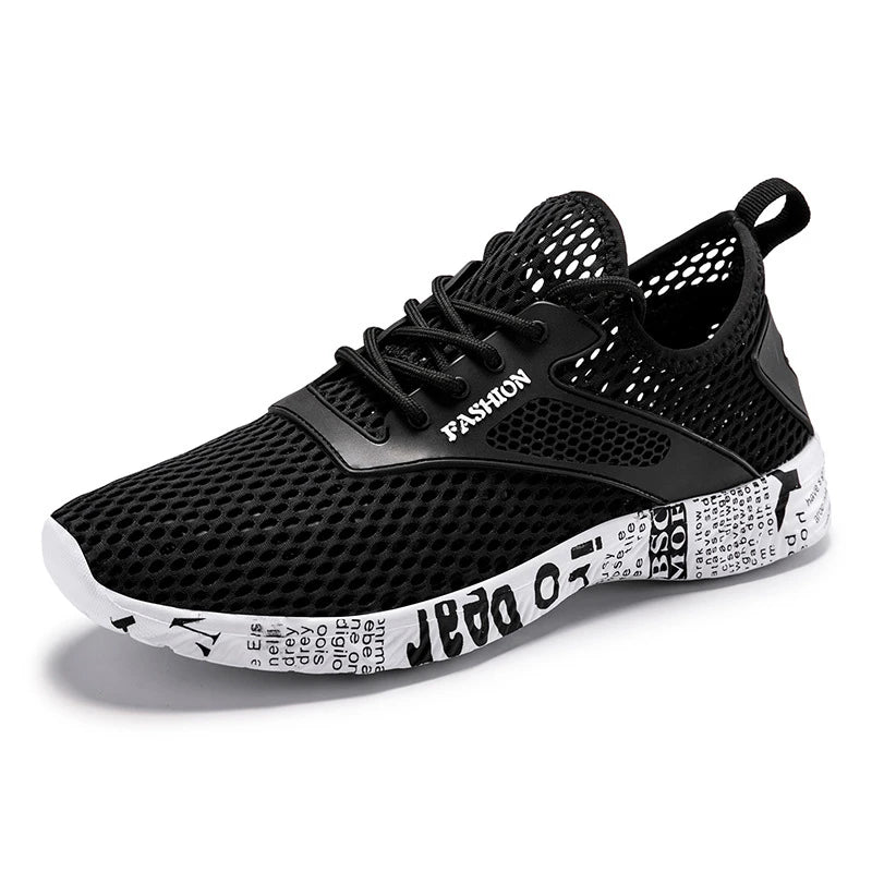 Summer Mens Black Hollow Mesh Sneakers Fashion Breathable Lightweight Casual Walking Shoes Printed Sole Outdoor Sports Footwear
