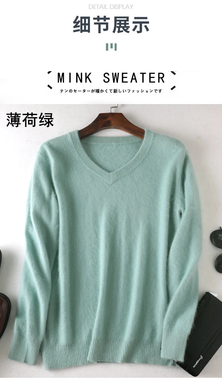 LHZSYY Men's 100% Mink Cashmere Large Size Sweaters Autumn Winter Solid V-neck Casual Knit Pullovers Men Long Sleeve Warm Jumper