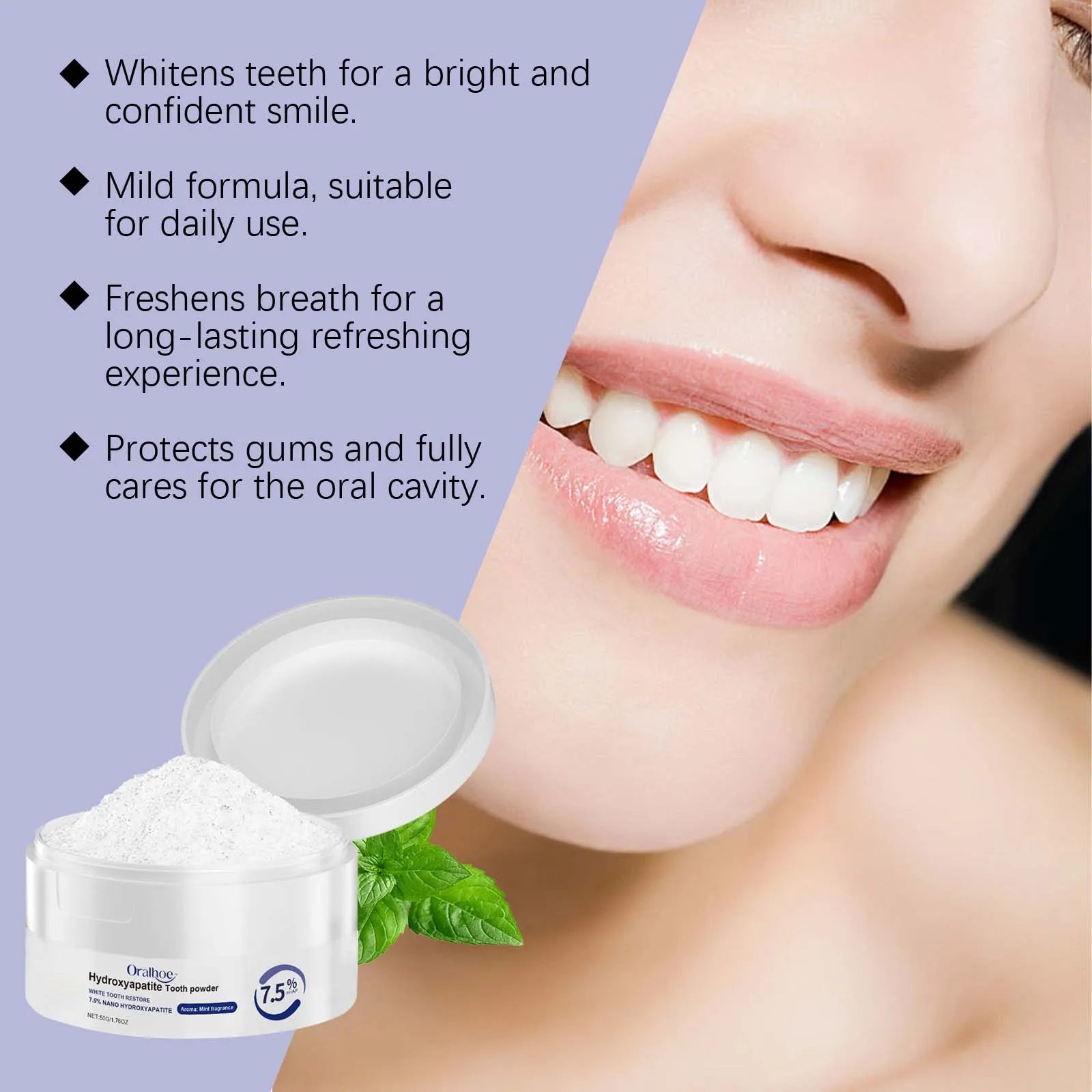 Oral Care Deep Cleaning Whitening Tooth Powder with 7.5% Hydroxyapatite - Remineralizing Cool Mint Enamel Repair Fresh Breath