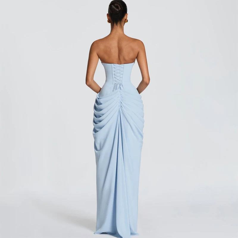 Women Solid Pleated Sexy Strapless Dress Lady Chic Off-shoulder Backless High Waist Split Dresses 2026 New Evening Party Gown
