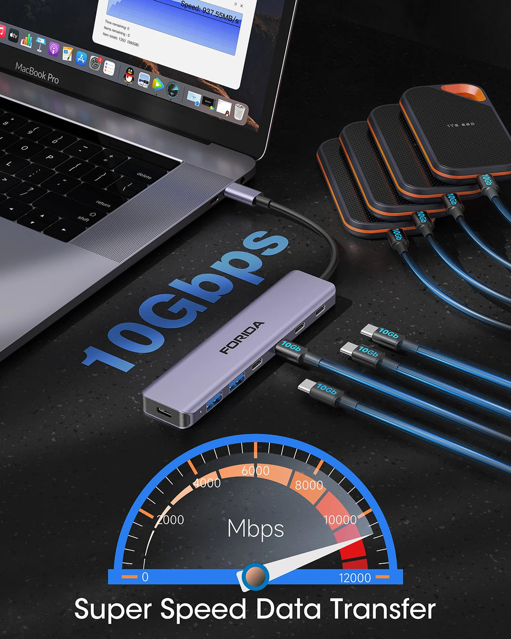 FORIDA USB Hub Type C 10Gbps USB C Splitter PD 100W Power Charging USB 3.2 Gen2 Adapter for Laptop MacBook Desktop Tablet
