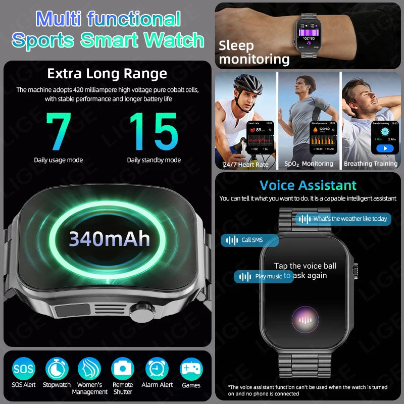 LIGE New 2.2-inch 3D Curved Screen Smart Watch With LED Light Thermometer Health Monitor Smartwatch BT Call Sports Fitness Watch