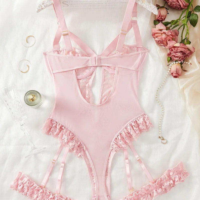 2pcs Red Floral Lace Garter Lingerie Set With Choker Women Intimates 2025 Underwire Bra And Thongs Ladies Underwear Set Secondary image