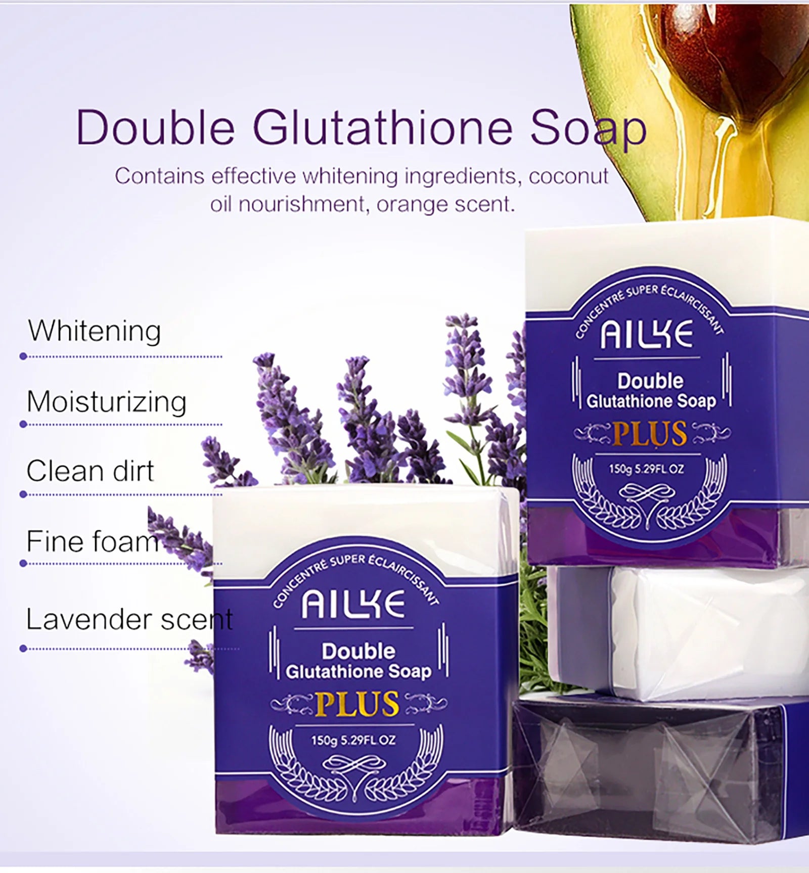 AILKE Double Glutathione PLUS Whitening Soap Bar, Reduce Dark Spots, Deep Clean Skin, Natural Lavender Scented for Face & Body