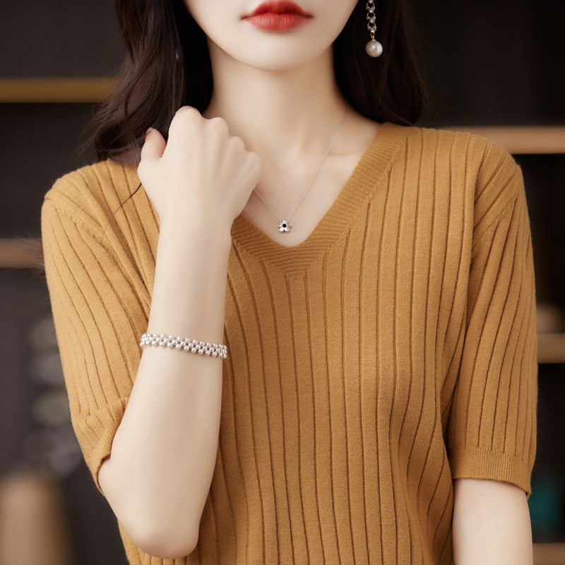Women's Sweater Spring Summer Short Sleeve V-neck Knit Shirt Casual Korean Pullovers Stripe Bottoming Shirt Slim Fit Jumpers