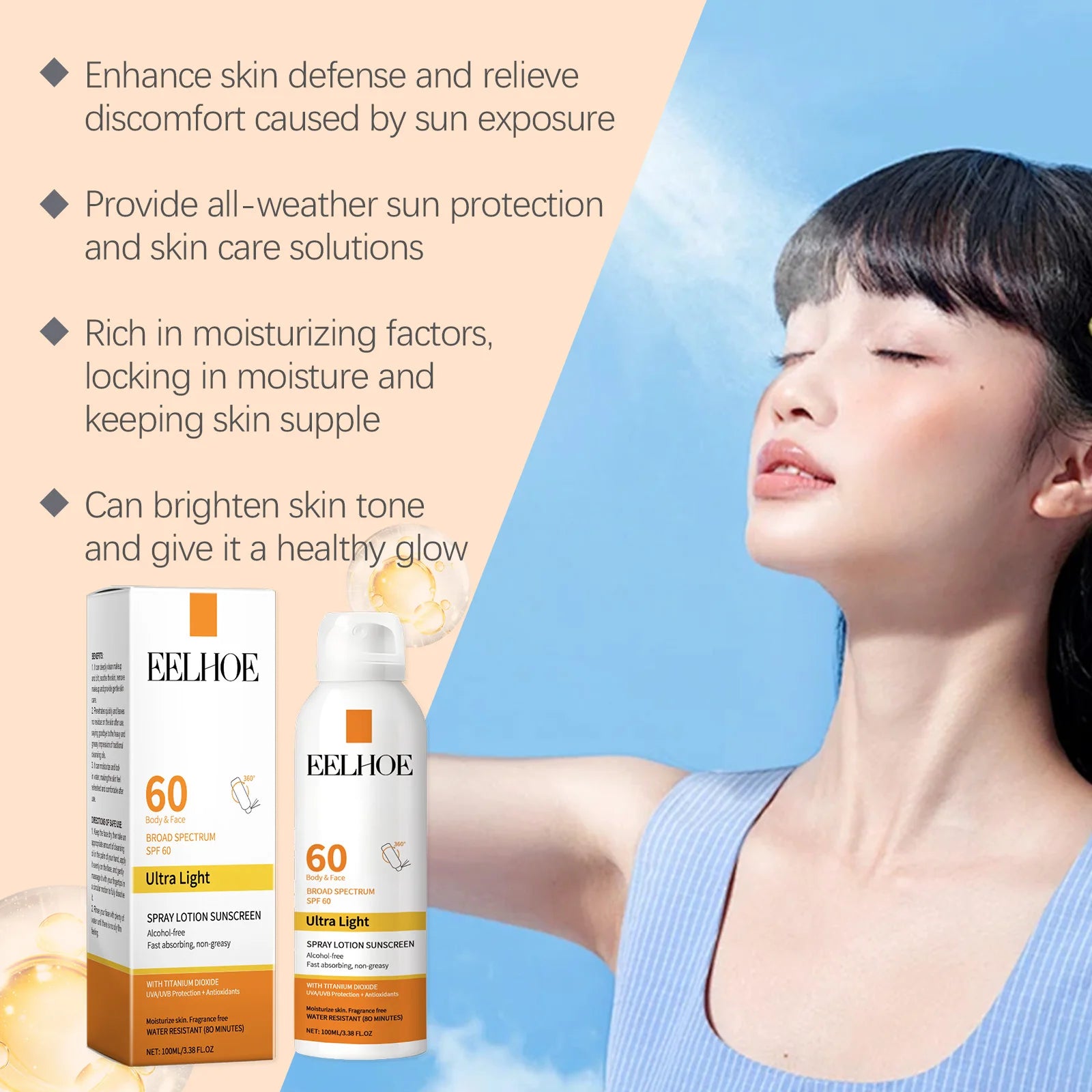 EELHOE Sun Protection Face Spray, Hydrating Moisturizer with UV Filter Lightweight Daily SPF60 Mist for Sensitive Skin Oil-Free Secondary image