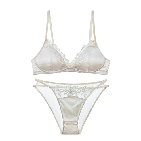 French Style Lingerie Set for Women, Thin Non-Wired Triangle Cup Bra, Lace & Embroidery Design