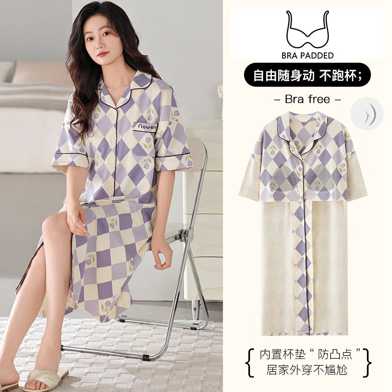 SUKAE Midi Nightdress M-5XL V-neck Bra Padded Botton Sleepshirt Plus Size Cotton Nightgowns Summer Women Short Sleeves Nightgown