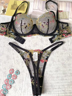 Yimunancy Floral Embroidery Lingerie Set Women Sheer 2-Piece Boho Bra + Panty Underwear Set Intimates