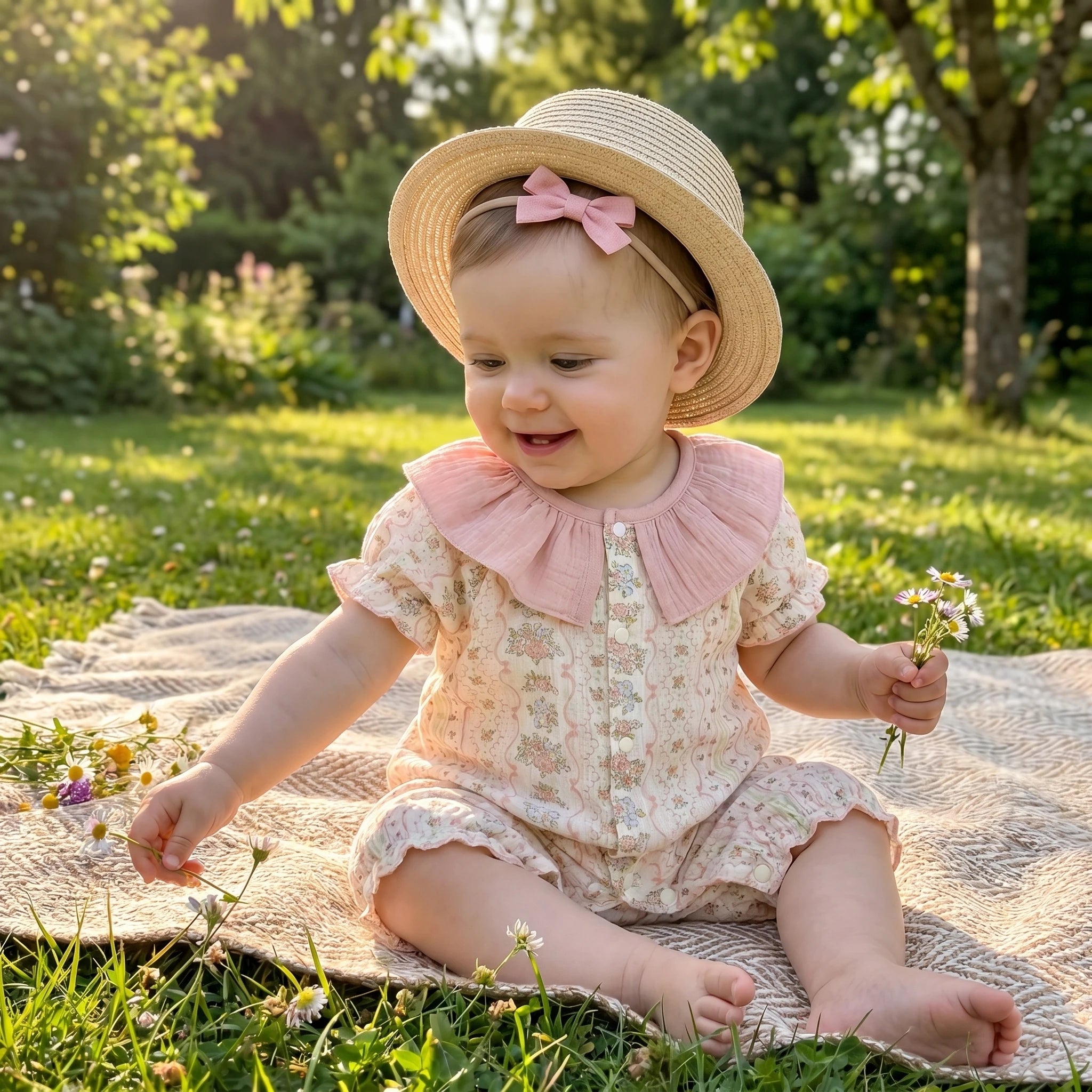 2026 Summer Baby Bodysuit Floral Print Cotton Peter Pan Collar Puff Sleeve Romper for Girls Soft Breathable Outfit Secondary image