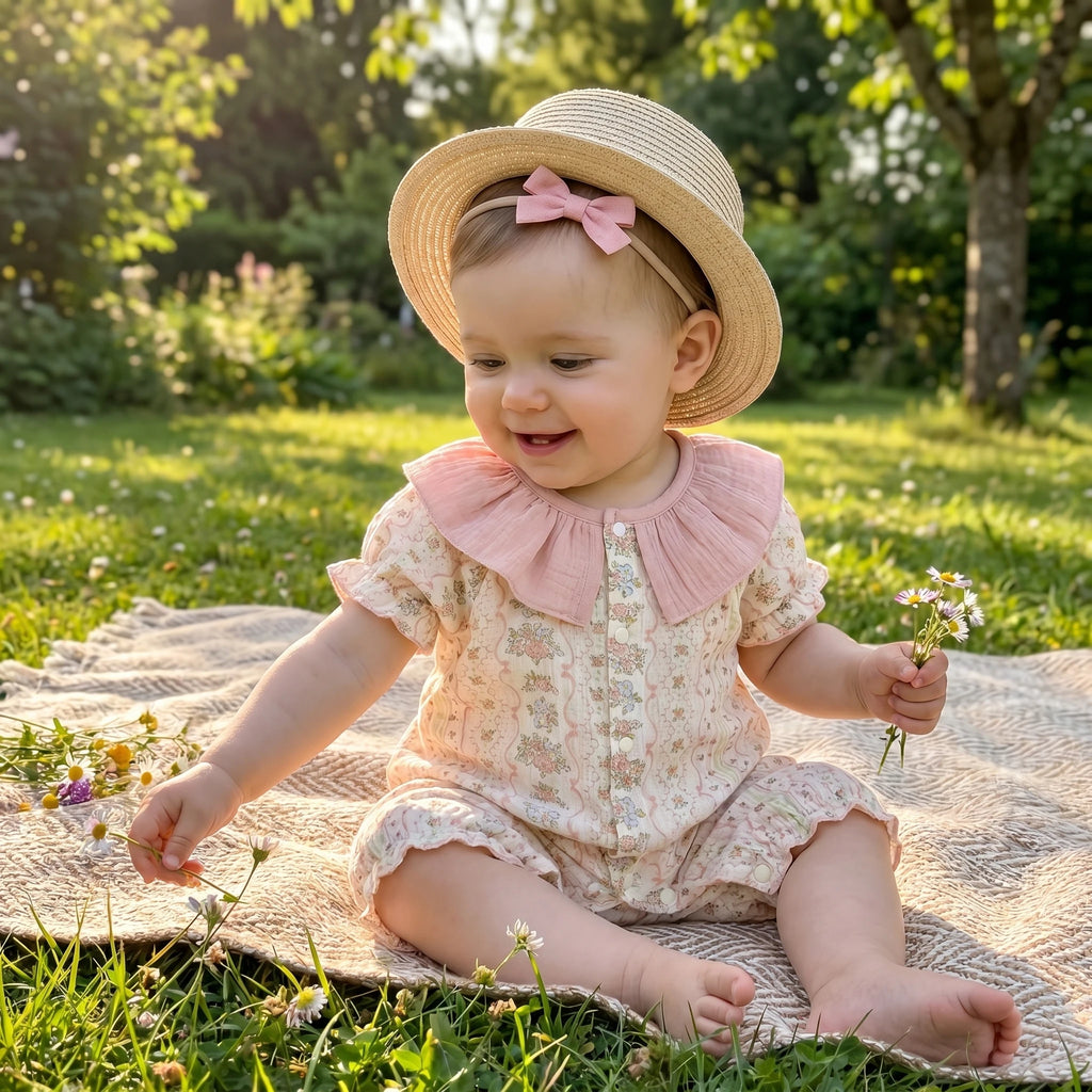 2026 Summer Baby Bodysuit Floral Print Cotton Peter Pan Collar Puff Sleeve Romper for Girls Soft Breathable Outfit