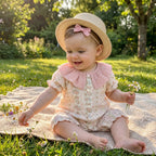 2026 Summer Baby Bodysuit Floral Print Cotton Peter Pan Collar Puff Sleeve Romper for Girls Soft Breathable Outfit