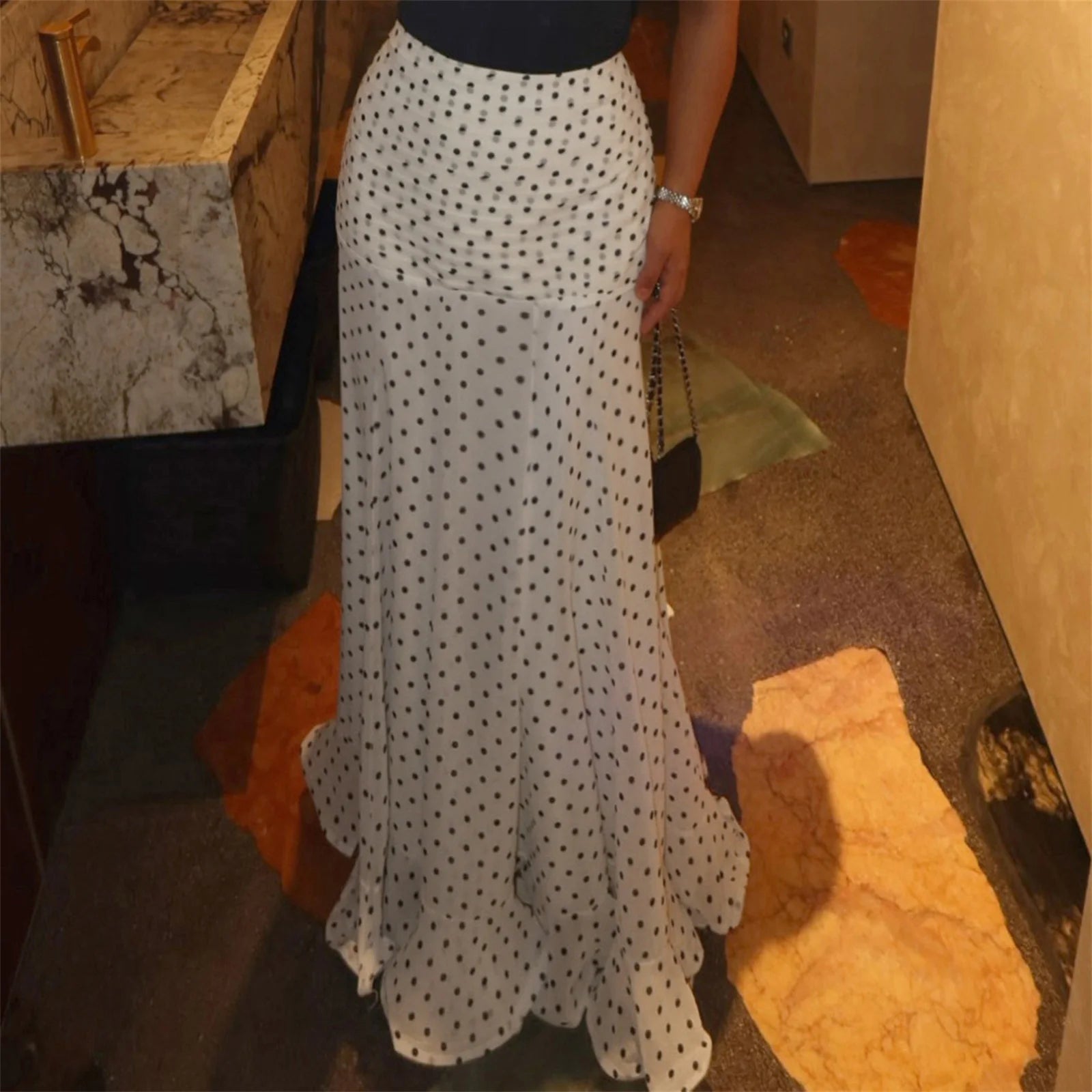 hirigin Polka Dot Floor-length Chiffon Skirt French Style Ruffled Mesh A-line Skirts Elegant Maxi Bottoms High Waist Streetwear Secondary image