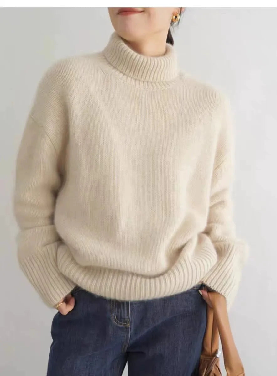 2023 autumn and winter turtleneck 100% pure cashmere women loose sweater thickened wool sweater cover lazy bottom