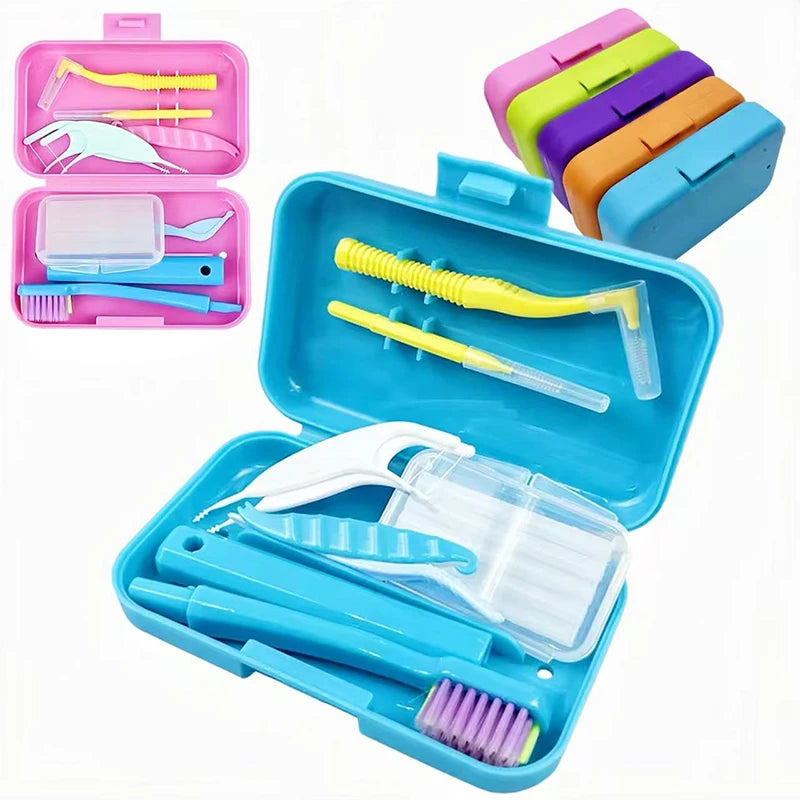 Portable Orthodontic Oral Dental Cleaning Kit Travel Foldable Toothbrush Dental Floss Interdental Brush Oral Care Cleaning Case
