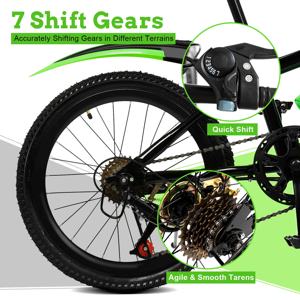 20 Inch Mountain Bike 7 Speed Gears, Adjustable Seat Kids' Bike with Mudguards Kettle Holder Kettle for Boys Girls 8-13 years