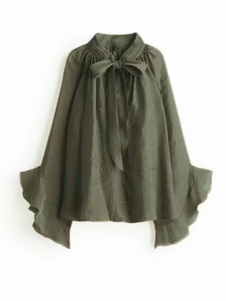 NLZGMSJ Bow DecorationLoose Long Sleeved Blouses For Women New Fashion Ruffle Edge Shirts and Blouses Woman Top