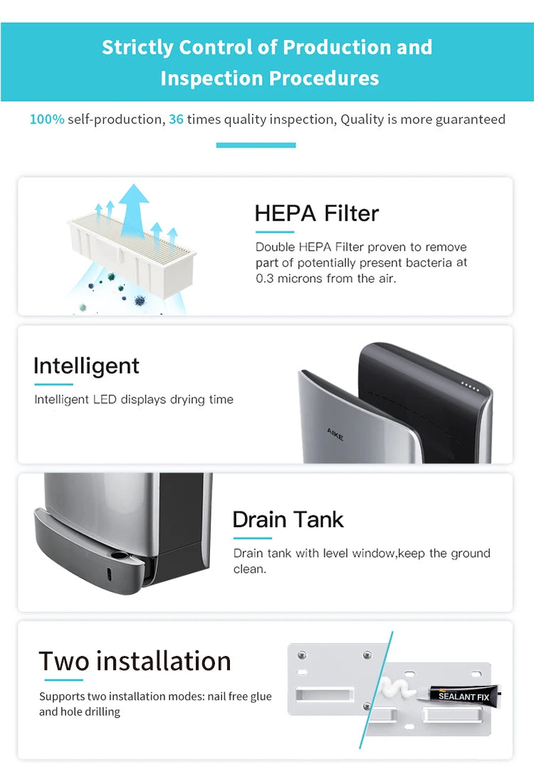 AIKE New Vertical Hand Dryer Slim, HEPA Filtered Jet Hand Dryer for Bathroom,110-220V,Model AK2065