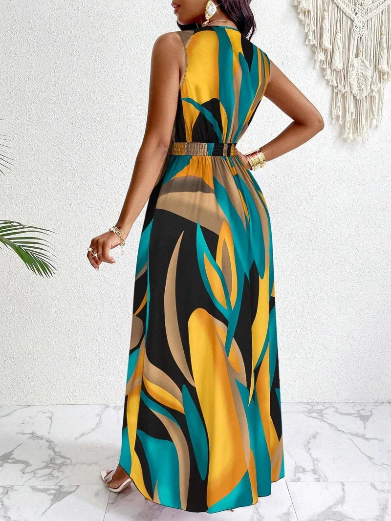Women's sleeveless V-neck floor-length dress with abstract prints - fashionable for beach and casual occasions Secondary image