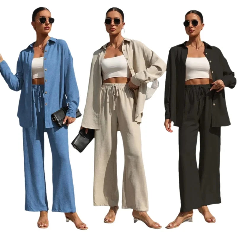 Plus Size Casual Loose Two-Piece Set Wide Leg Pants Long Sleeve Shirt Light Beige Street Style Elegant Quality Polyester Summ...