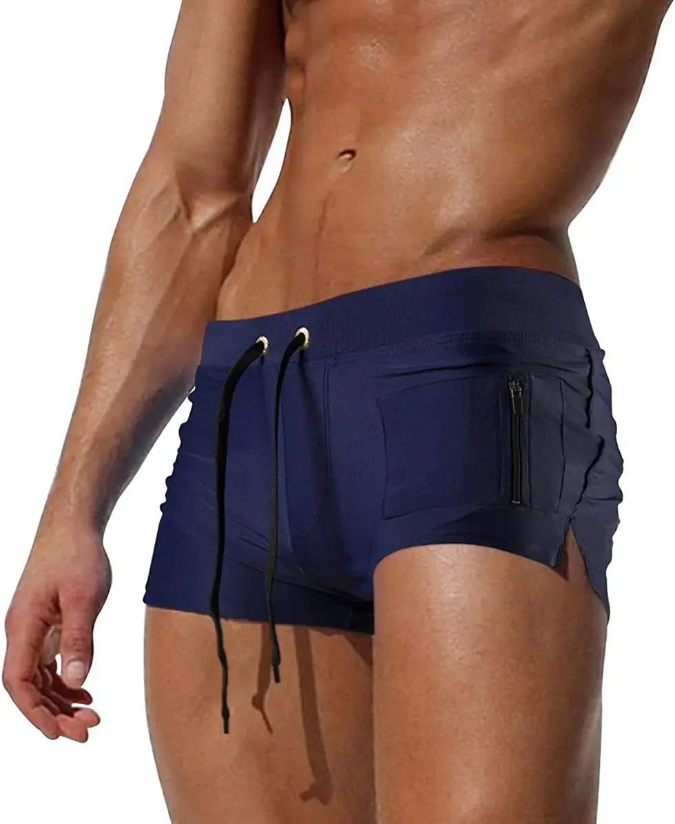 Mens Swim Trunk Swimwear with Zipper Pocket Bathing Suit Swimming Boxer Brief Square Leg Mesh Liner Board Shorts Swimsuits