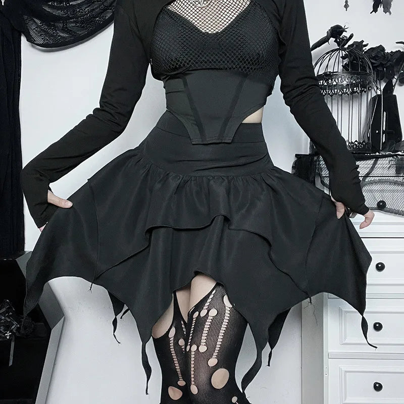 Summer Fashion Short Skirts New Sexy Women Gothic Punk Irregular Skirts Solid Color Drawstring Tie-Up Ruched Ruffles Mini Skirt