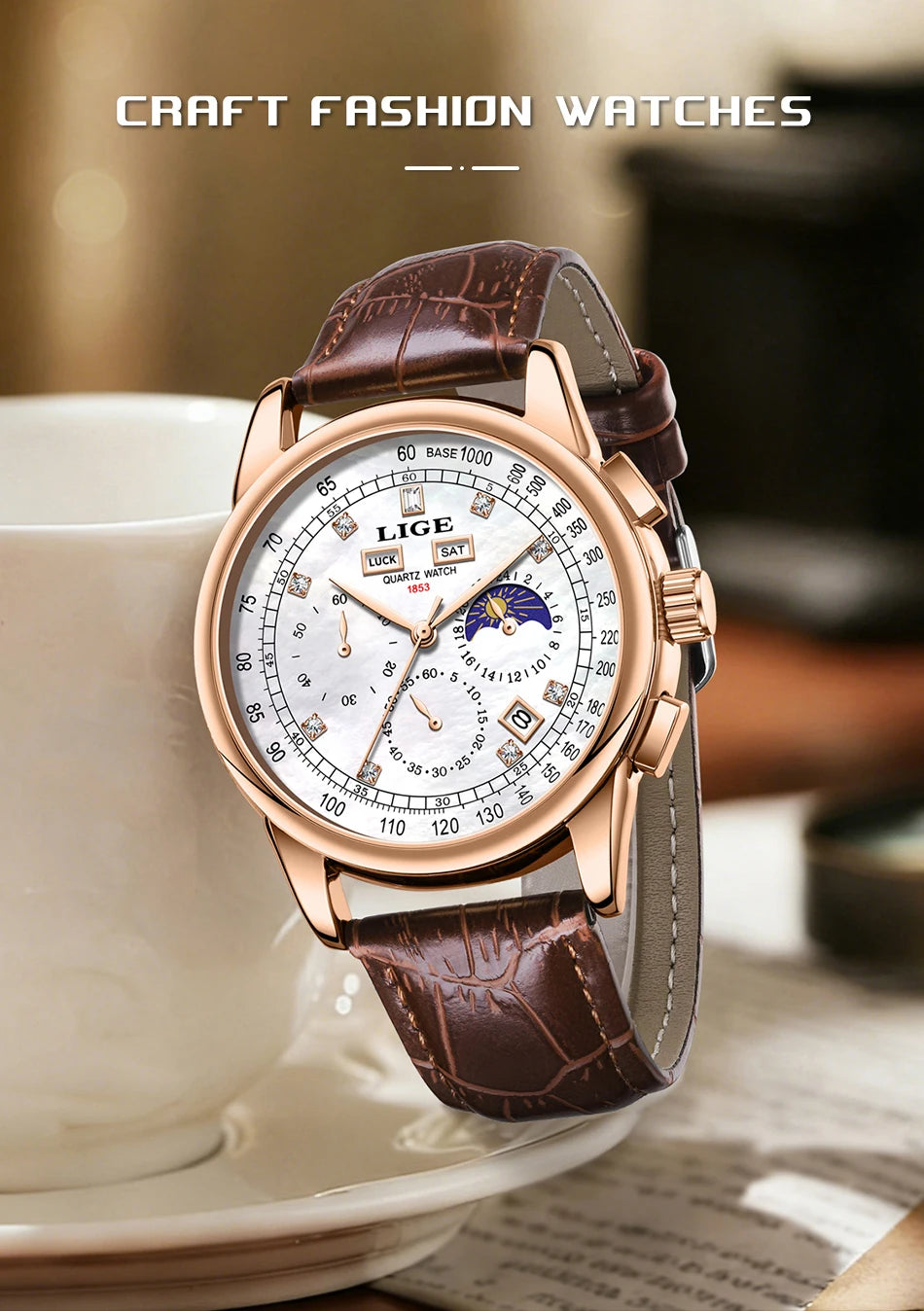 LIGE Retro Elegant Quartz Women's Wristwatches Simple Diamond Dial Fashion Casual Outdoor Date Waterproof Moon Phase Woman Watch