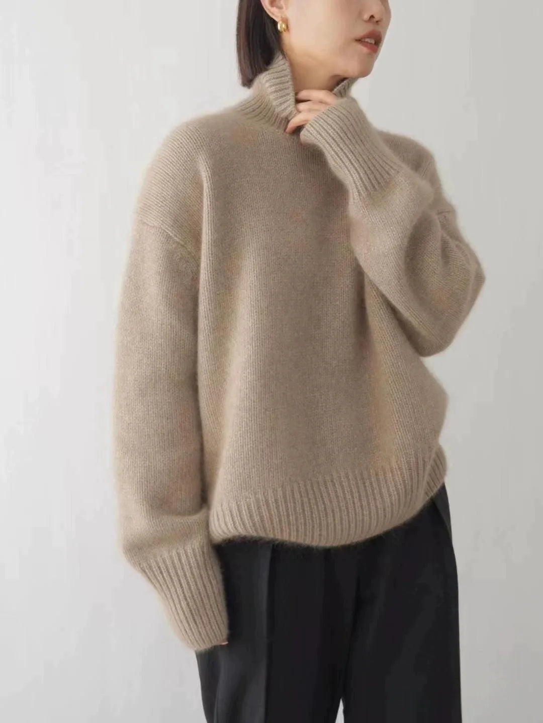 2023 autumn and winter turtleneck 100% pure cashmere women loose sweater thickened wool sweater cover lazy bottom