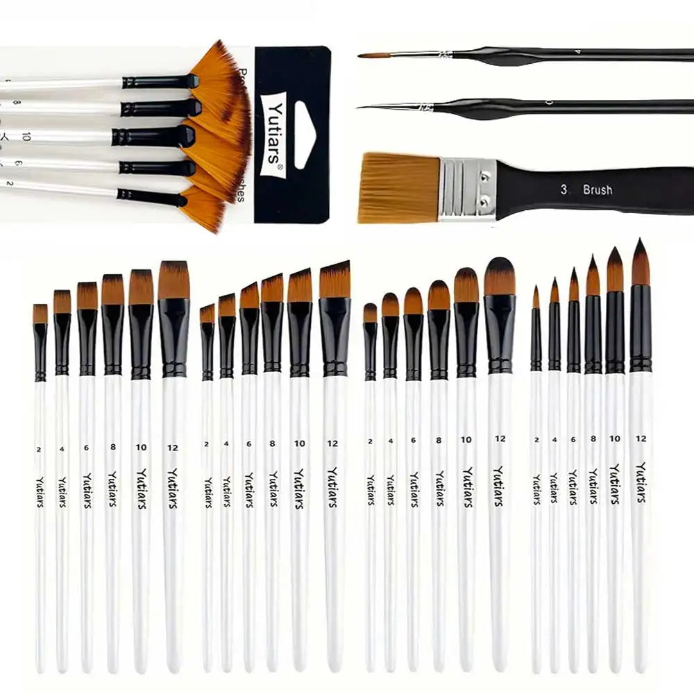 32pcs White Artist Brush Set - Round, Angle, Flat, Fan & Detail Brushes. Multi-functional for Acrylic, Oil, Watercolor, Gouache