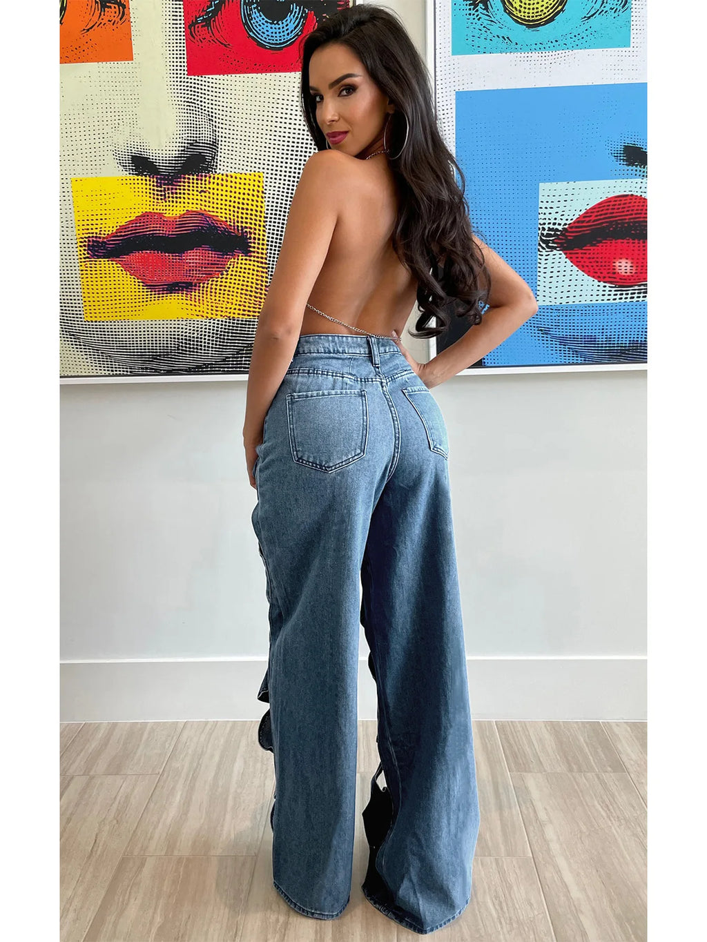 CM.YAYA Women Vintage Cutout Hollow Out Criss Cross Straight Denim Pants 2024 Fashion INS High Waist Wide Leg Jeans Trousers