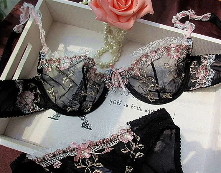 French Style Minimiser Bra Set | Big Size Unpadded Lace Half Cup, Large Cup Thin Anti-Sagging Sheer Lingerie Set BANERDANNI Bras