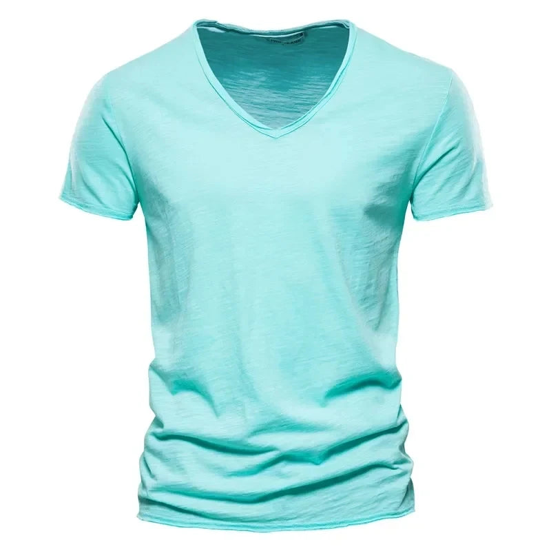 Spring Summer Cotton T Shirts Men 2025 Simple VNeck Stretch Solid New Tops Clothing Casual Tshirt Man Streetwear Cool Tee Shirts