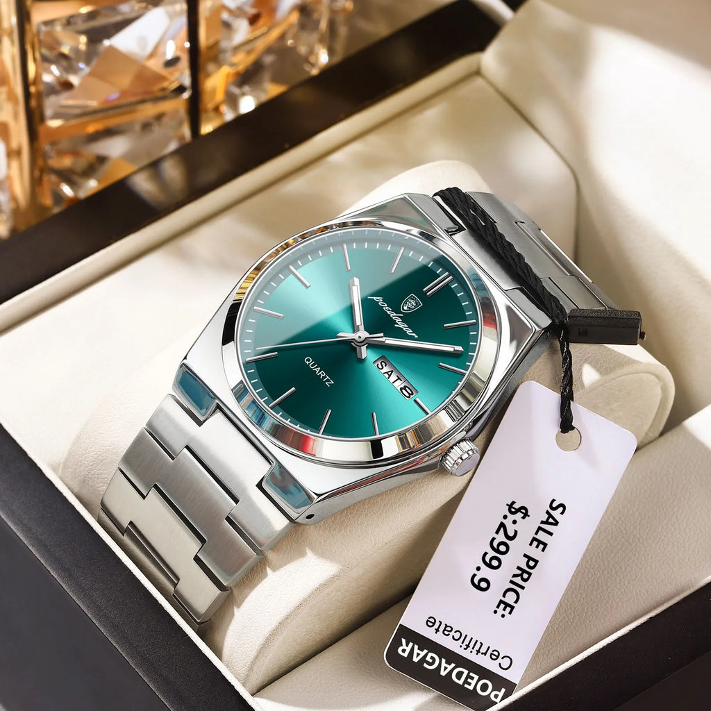 POEDAGAR Luxury Men's Watches Waterproof Luminous Date Week Men Watch Stainless Steel Casual Fashion Quartz Man Wristwatch Reloj