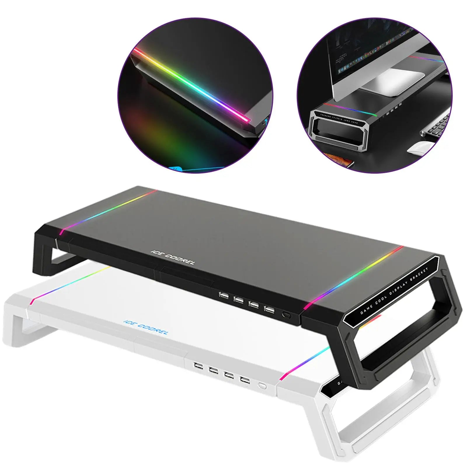 Aluminum RGB Monitor Stand Riser Bracket with 4 USB Ports Desk Organizer All-In-One Computer Laptop Height Stand Holder