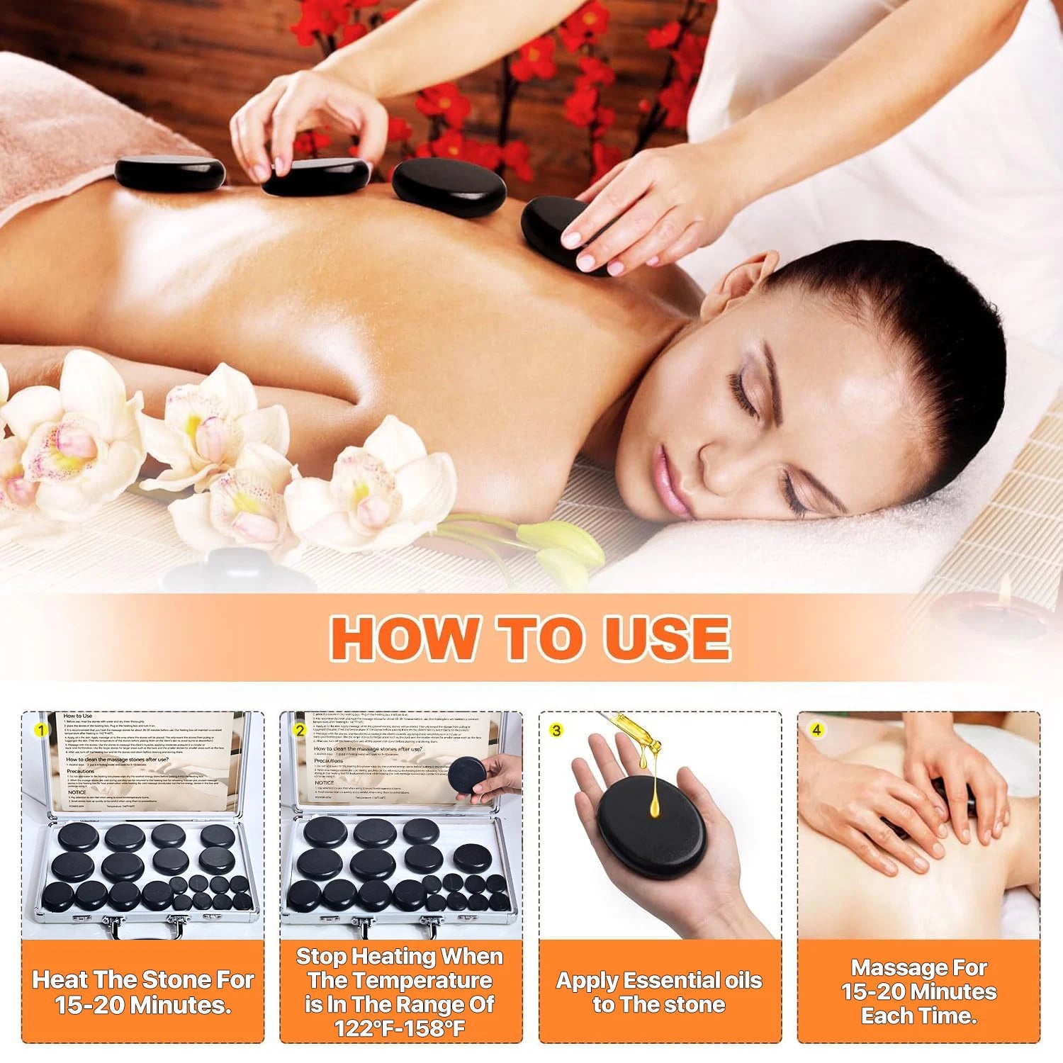 HOT STONE MASSAGE SET - Professional Spa Massage Tools - For Neck, Back, Abdomen, Legs & Full Body Massage