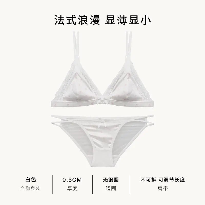 French Style Sweet Triangle Cup Lingerie Set Women Satin Lace Wireless Small Bust Gathered Thin Fabric Sexy Soft Underwear S-XL